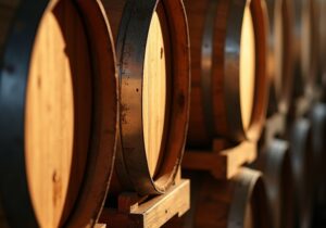 aging cellar with oak barrels wine tour