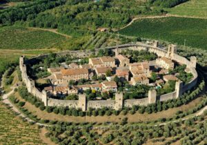 chianti wine tour aerial view of monteriggioni