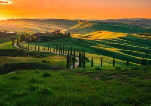 green hills in val dorcia at sunset