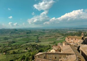 Aerial View of Montepulciano and Croplands Tuscany taly